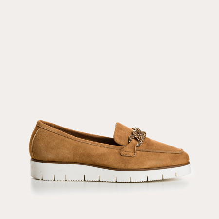 Suede wedge moccasins with silver rhinestones