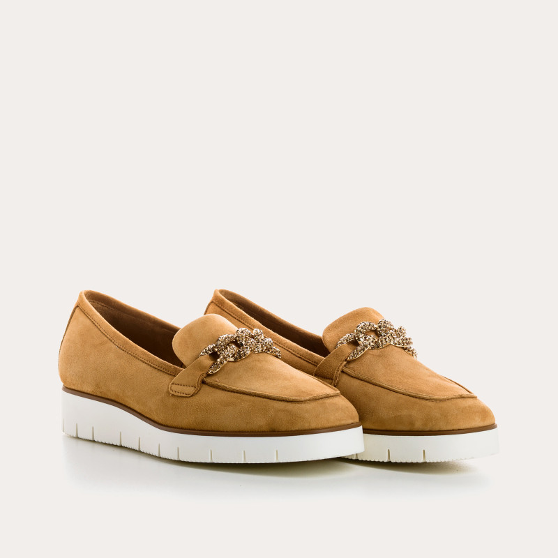 Suede wedge moccasins with silver rhinestones