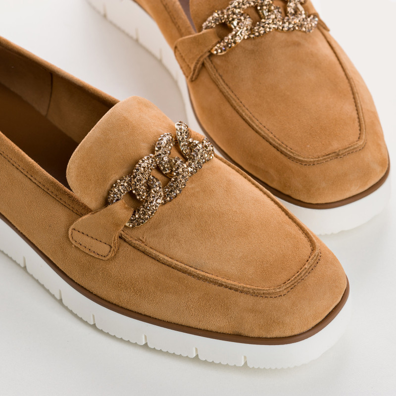 Suede wedge moccasins with silver rhinestones