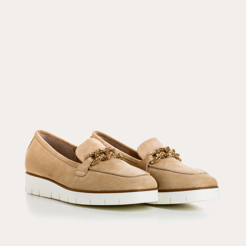 Suede wedge moccasins with silver rhinestones