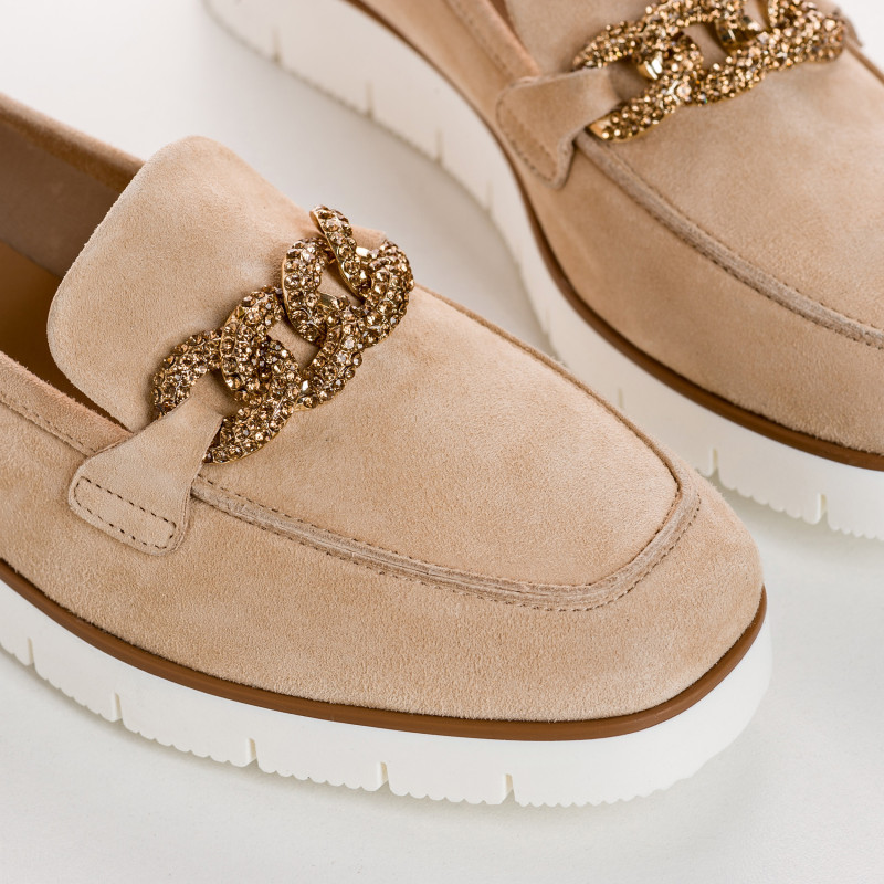 Suede wedge moccasins with silver rhinestones