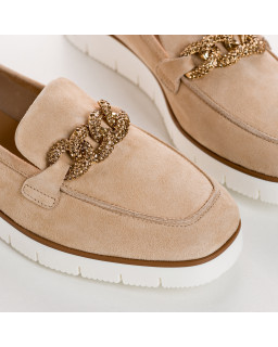 Suede wedge moccasins with silver rhinestones