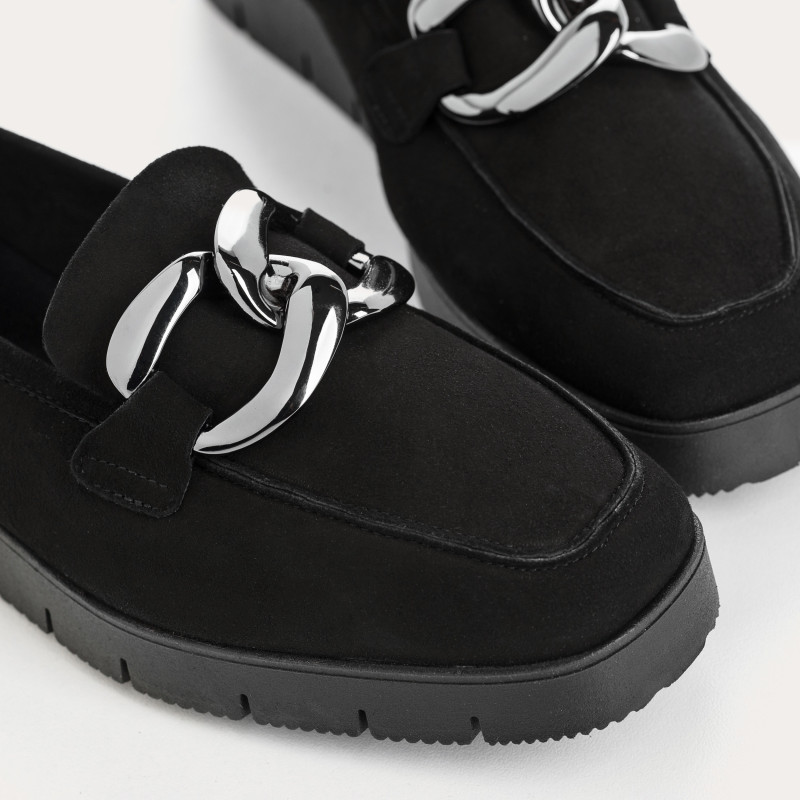 Suede compensated loafers with silver accessories