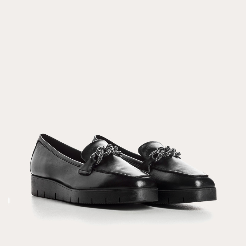 Black wedge moccasins in smooth leather with silver rhinestones