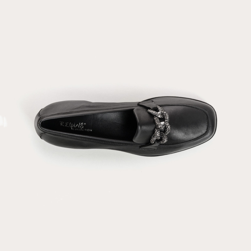 Black wedge moccasins in smooth leather with silver rhinestones