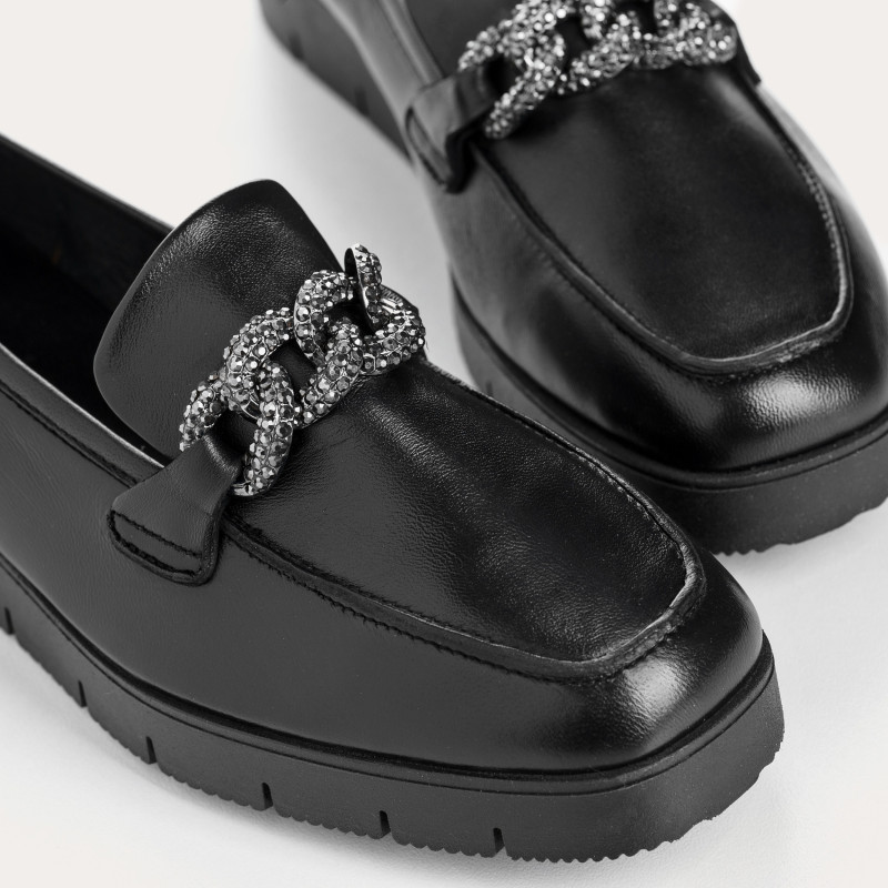 Black wedge moccasins in smooth leather with silver rhinestones