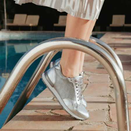 baskets femme mix cuir perforé argent | reqins