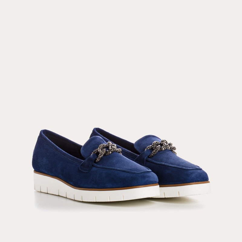 Suede wedge moccasins with silver rhinestones