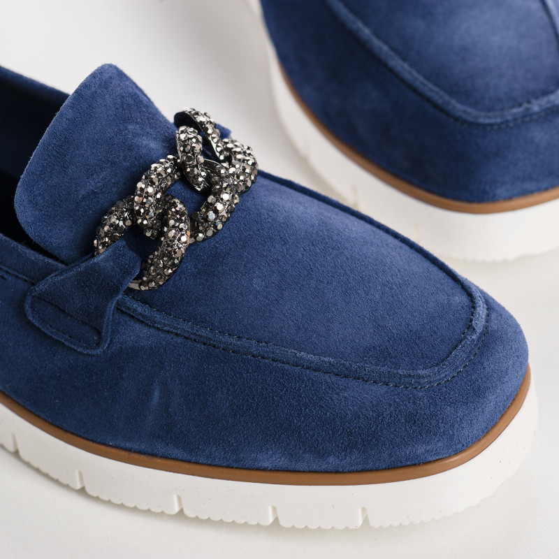 Suede wedge moccasins with silver rhinestones