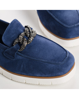 Suede wedge moccasins with silver rhinestones