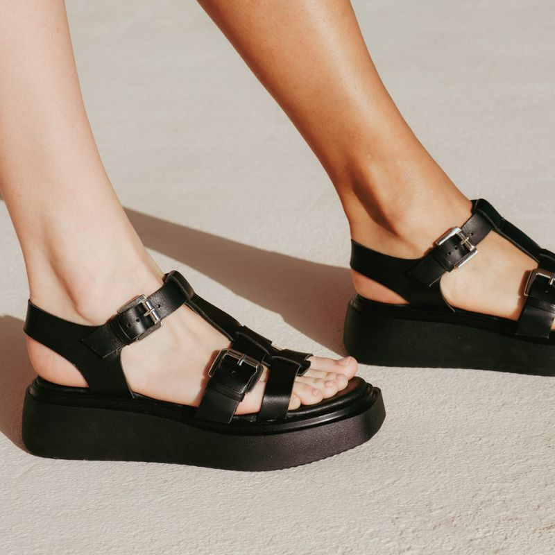 Sandals Lucrecia - Women's shoes black leather platform | Reqins