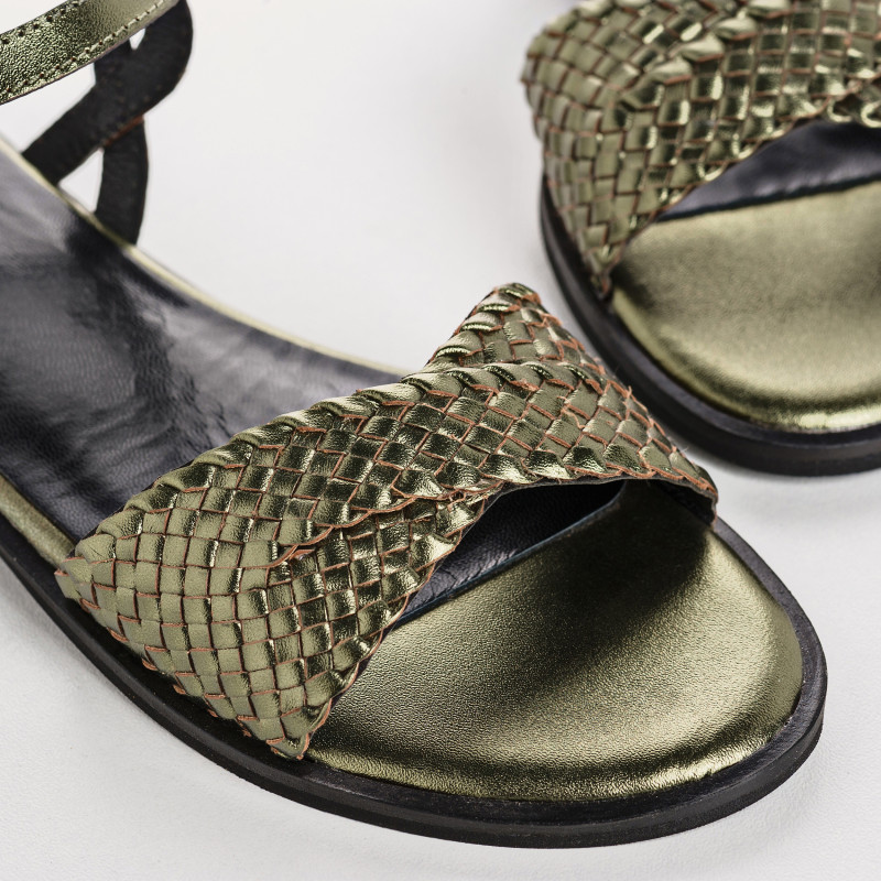 Mykonos Flat Sandals - Women's Metallic Leather Flange Shoes | Reqins