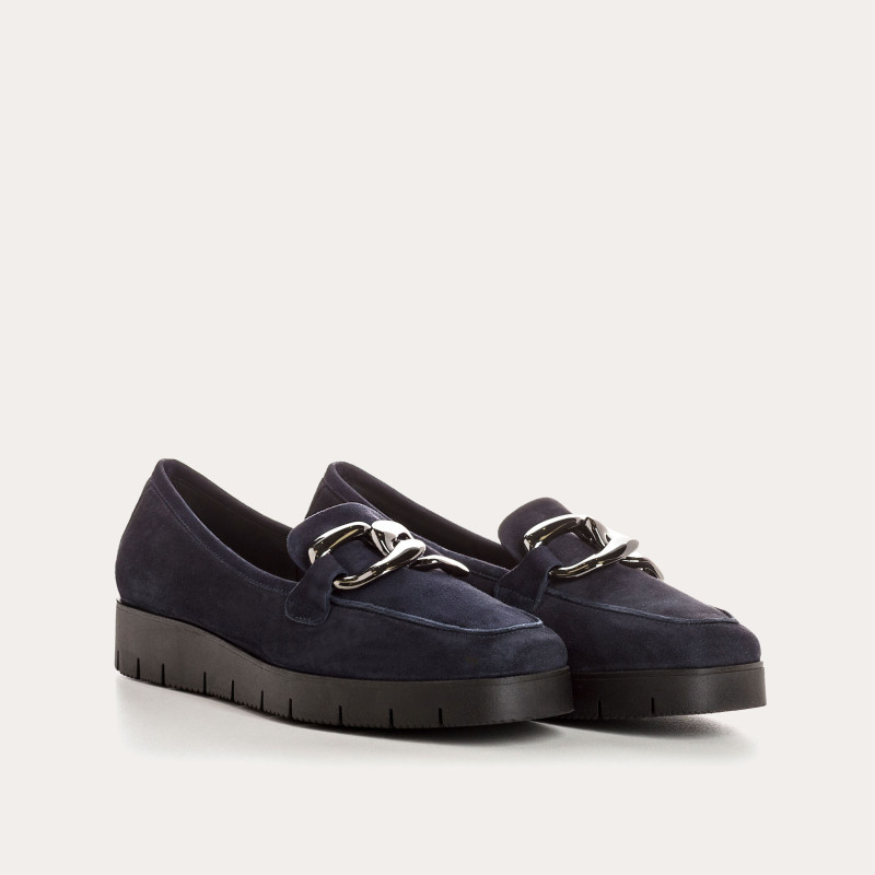 Suede compensated loafers with silver accessories