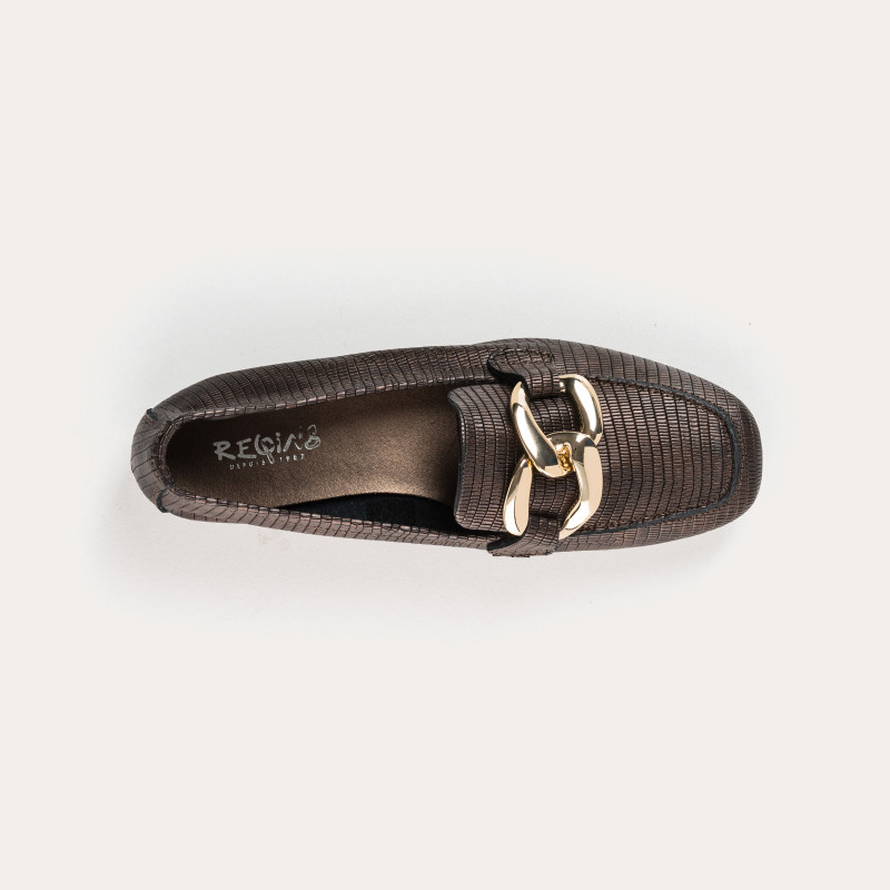Brown leather moccasins embossed lizard with golden jewel