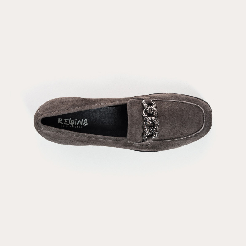 Suede wedge moccasins with silver rhinestones