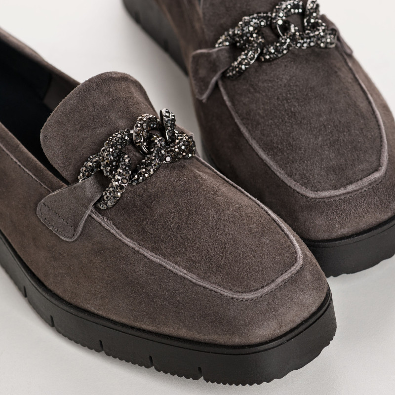 Suede wedge moccasins with silver rhinestones