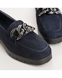 Mocassins à petits talons en cuir velours avec anneaux argentés