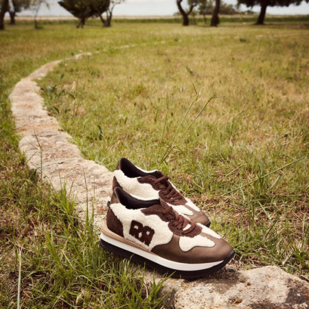 Ecru sneakers and brown leather with "double r" logo