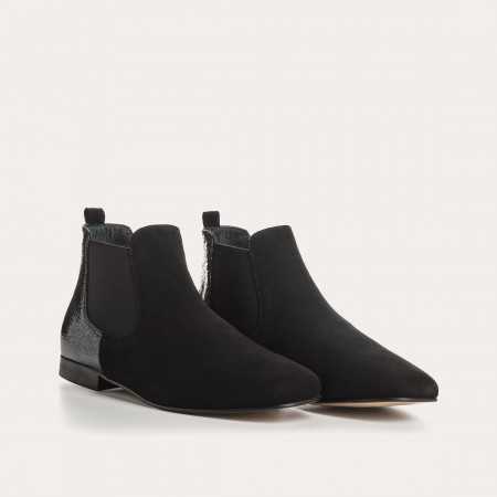 Bottines Chelsea noires en cuir velours et vernis graine