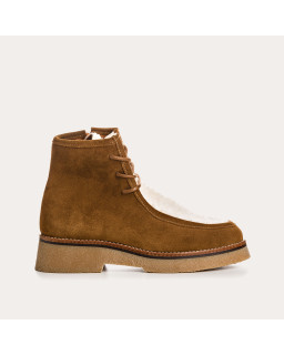 Boots en cuir velours et tissu teddy noisette à lacets