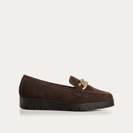 Suede wedge moccasins with silver rhinestones