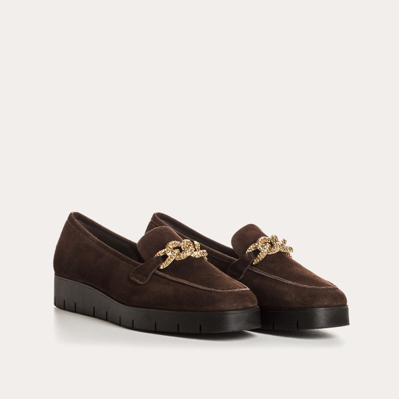 Suede wedge moccasins with silver rhinestones