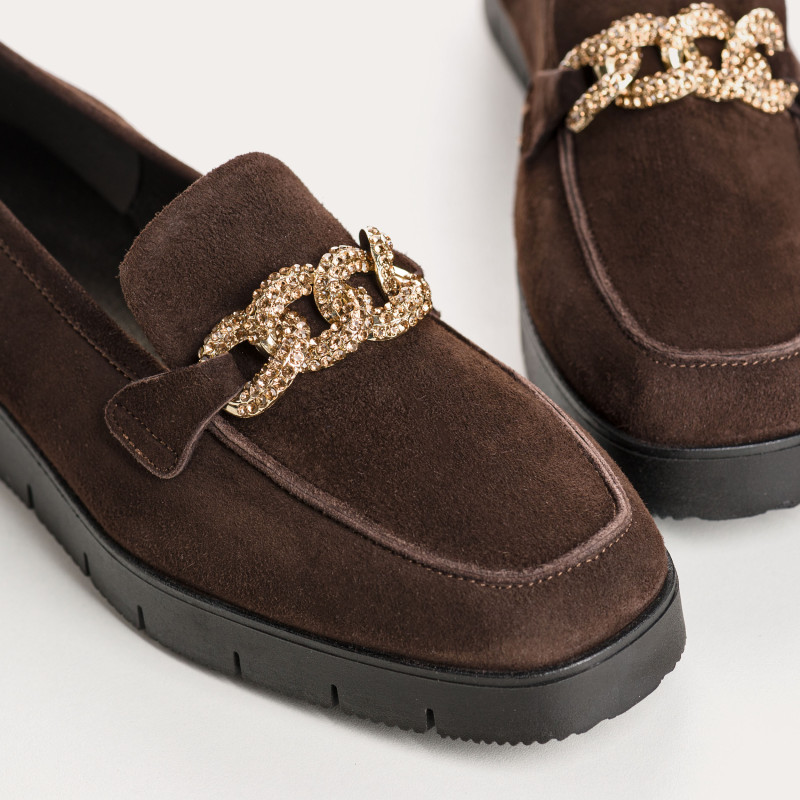Suede wedge moccasins with silver rhinestones