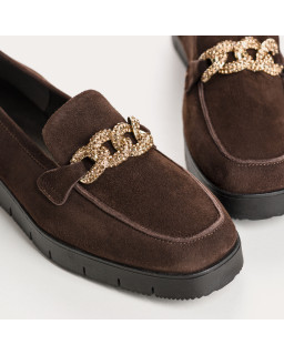 Suede wedge moccasins with silver rhinestones