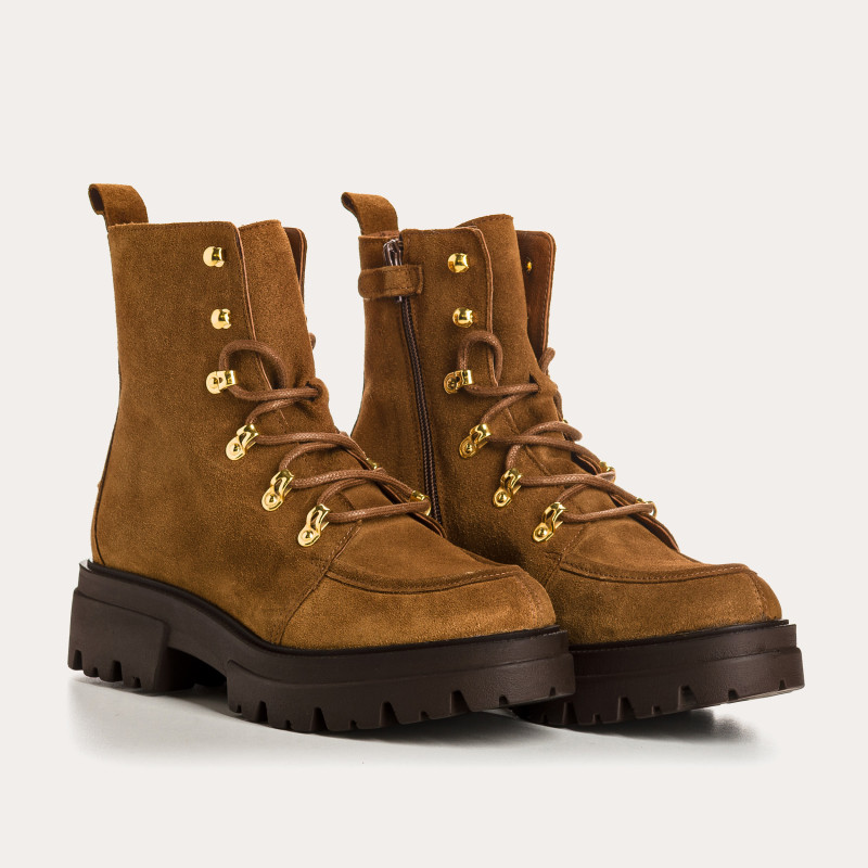 Hazelnut velvet leather lace boots with interior zip