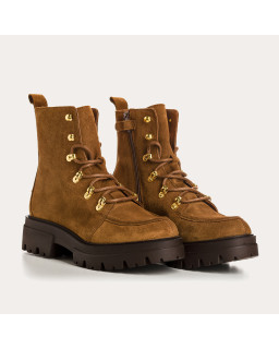 Boots à lacets en cuir velours noisette avec zip intérieur