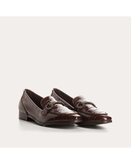Mocassins à mors en cuir vernis cacao embossé croco et accessoire doré
