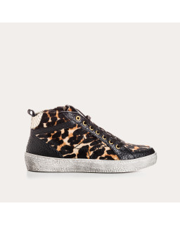 Baskets noires à lacets en cuir imprimé léopard pour femme