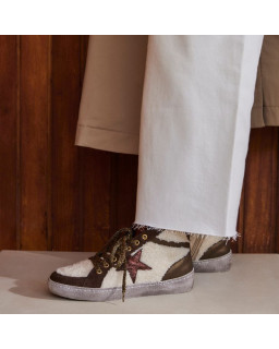 Baskets montantes écru à lacets en cuir et immitation mouton pour femme