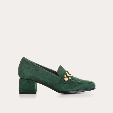 Livy Suede Heeled Loafers with Gold Studs | Reqins