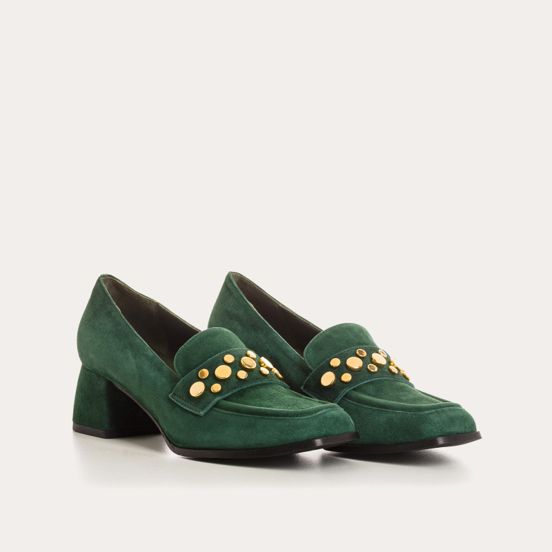 Livy Suede Heeled Loafers with Gold Studs | Reqins