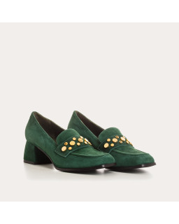 Livy Suede Heeled Loafers with Gold Studs | Reqins