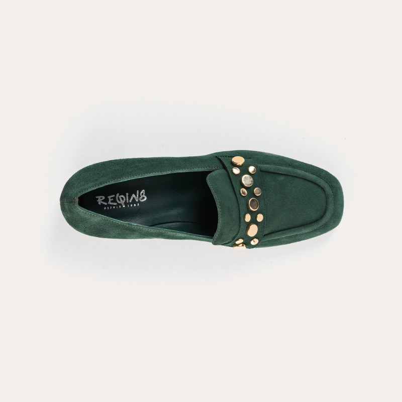 Livy Suede Heeled Loafers with Gold Studs | Reqins