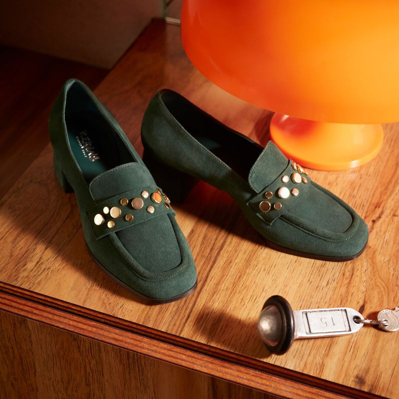 Livy Suede Heeled Loafers with Gold Studs | Reqins