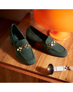 Livy Suede Heeled Loafers with Gold Studs | Reqins