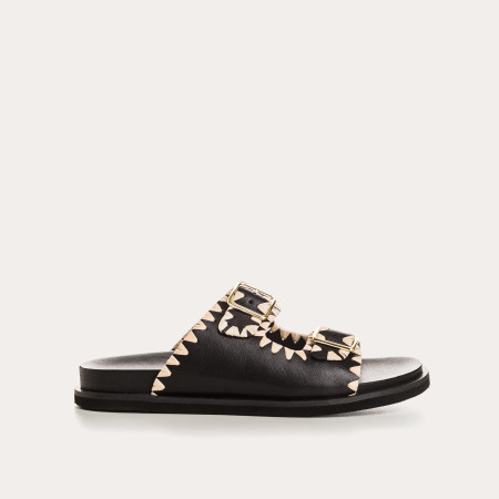 Menorca Sandals - Black Leather Flange Shoes | Reqins