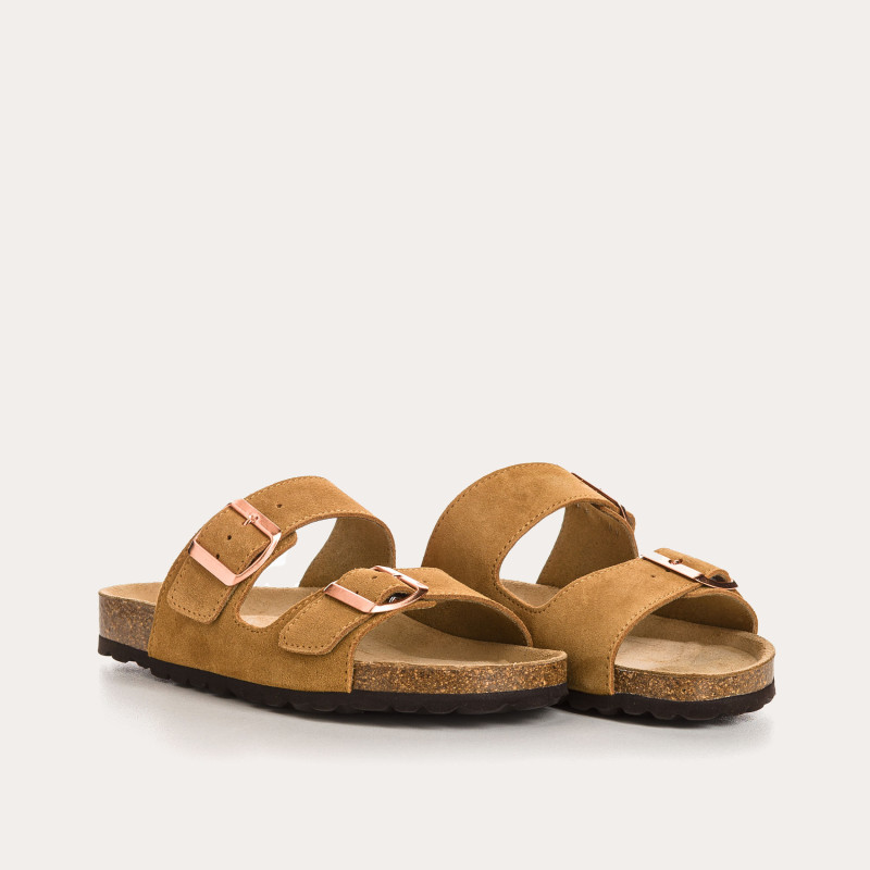 Sandales à brides NUBIA - chaussures anatomiques cuir velours camel femme | REQINS
