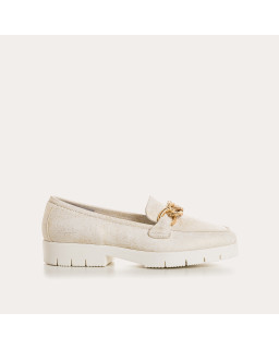Merry Moccasins - Golden Beige Sequined Leather Shoes | Reqins