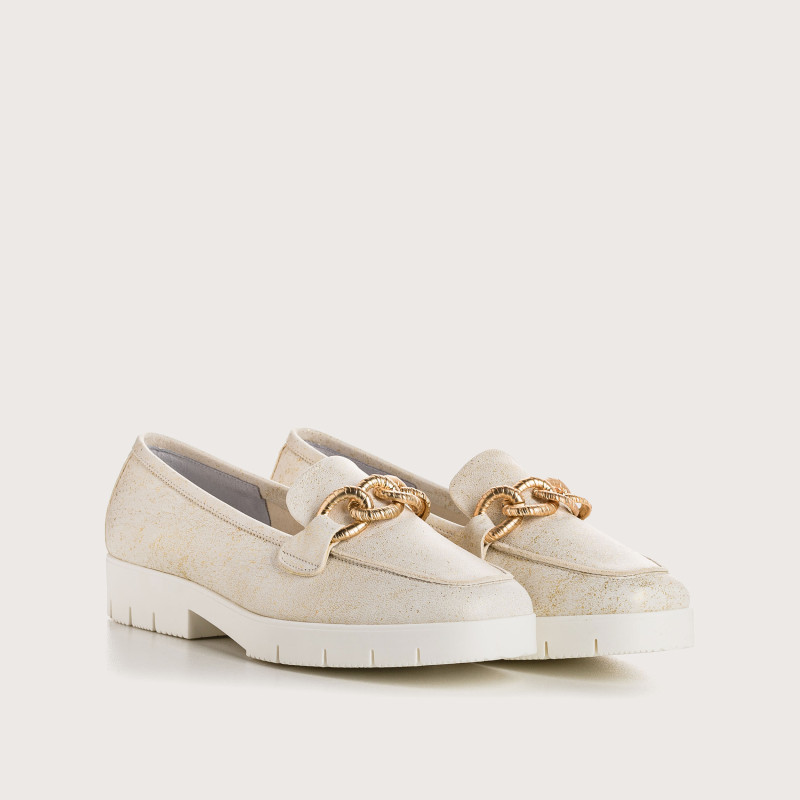Merry Moccasins - Golden Beige Sequined Leather Shoes | Reqins