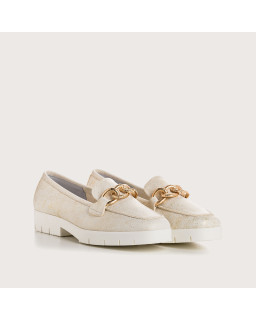 Mocassins MERRY - chaussures cuir pailleté beige doré femme | REQINS