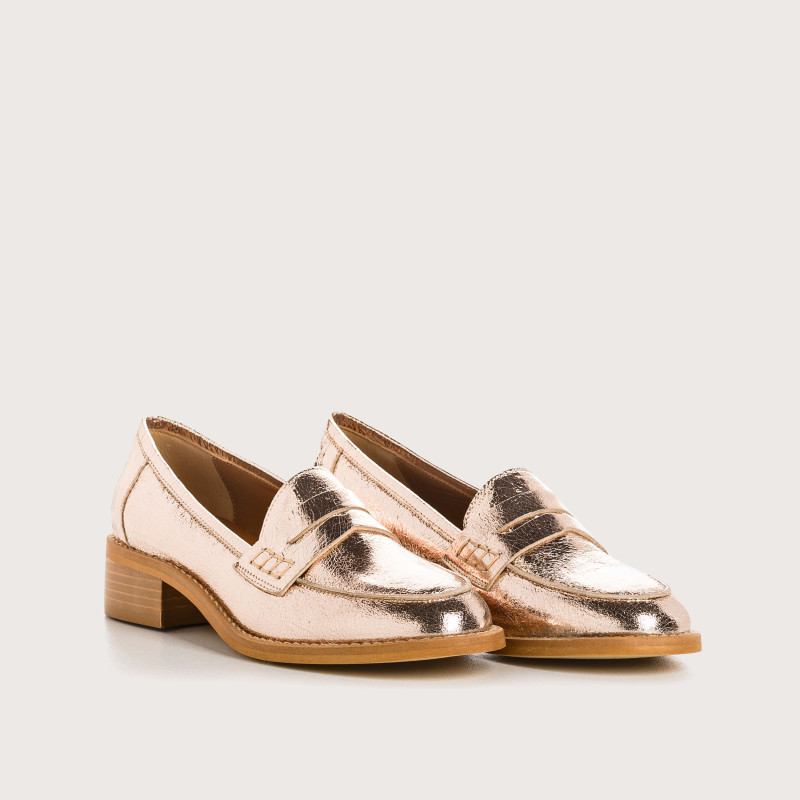 Moccasins College Joya - Pink Femme Metallic Leather Shoes | Reqins