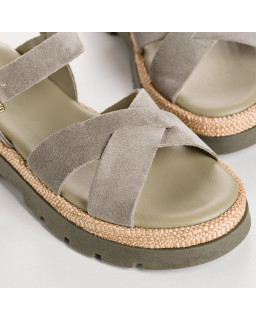 Louisa Sandals - Women's Shoes Chunky Sole Velvet Leather Rafia Kaki | Reqins