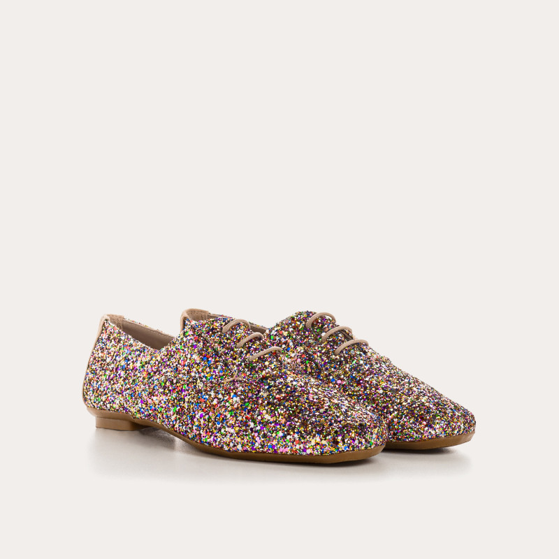 Flat derbies in glitter fabric with laces tone on tone