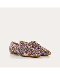 Flat derbies in glitter fabric with laces tone on tone