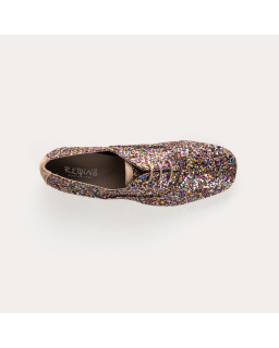 Flat derbies in glitter fabric with laces tone on tone