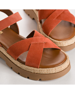 Sandales LOUISA - chaussures femme semelle chunky cuir velours rafia kaki | REQINS